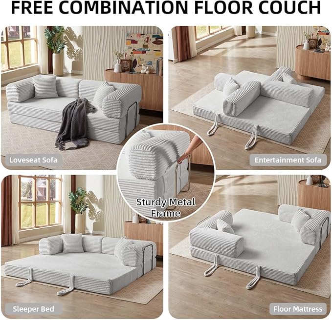 Convertible Folding Sofa BedFold Out Floor Sofa Couch with Fixed-Shape FrameCorduroy Foldable Mattress Cloud Couch for Living Room Bedroom (Light Gray 81 Inch)