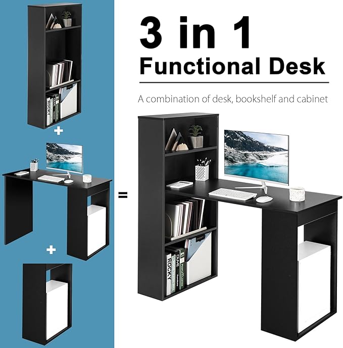 IFANNY Black Computer Desk w/Bookshelf Modern Home Office Desk w/Storage Shelves &amp CPU Stand Space-Saving Design Compact Corner Computer Workstation for Small Spaces