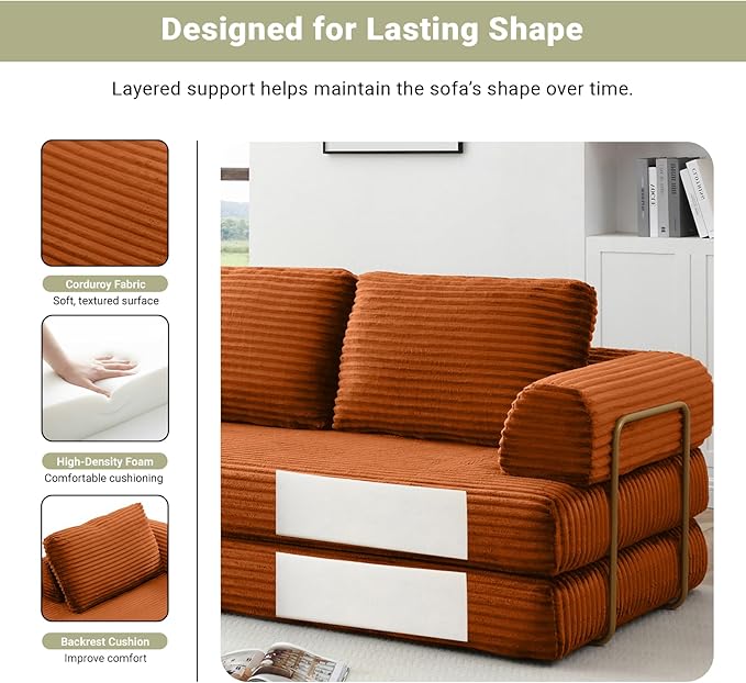 80 Convertible Sofa Bed Modern Corduroy Sleeper Sofa Folding Floor Couch with Golden Fixed-Shape Frame Orange Boneless Loveseat Sofas Bed for Living Room Bedroom No Assembly Needed