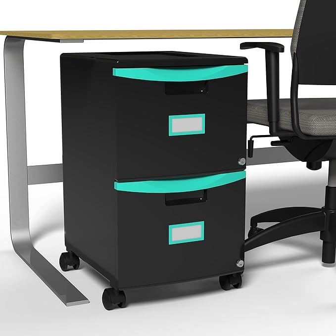 Storex Two-Drawer Mobile Filing Cabinet 2 Legal/letter-Size File Drawers Black/teal 14.75 X 18.25 X 26