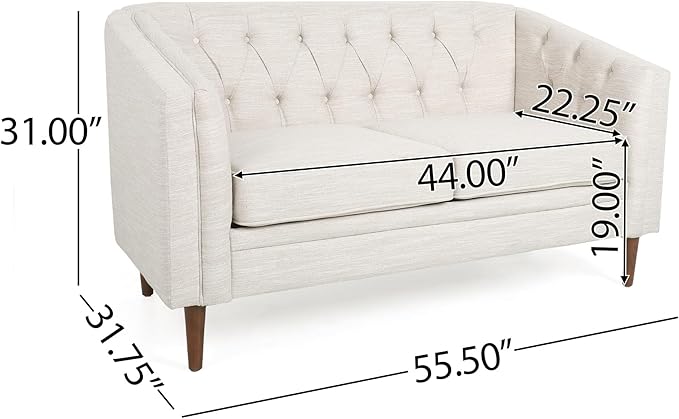 Beige Loveseat Sofa Tufted Fabric 2-Seater Curved Tub Design with Button Detailing and Birch Wood Legs Contemporary Living Room Lounge Chair