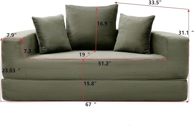 Folding Sofa Bed Corduroy Circular Boneless Couch No Assembly Convertible Sleeper Sofa with 3 Pillow Comfy Futon Sofa Bed for Apartment Office Bedroom Living Room Green