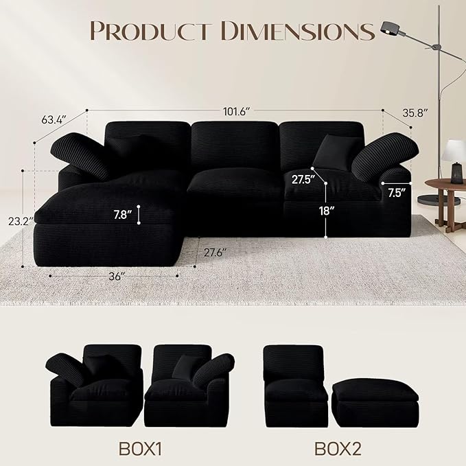 Cloud Sectional Couches for Living Room 4 Seater Cloud Modular Couch L Shaped Corduroy Sectional Sofas with Ottoman Boneless Comfy Sofa for Apartment No-Assembly Black