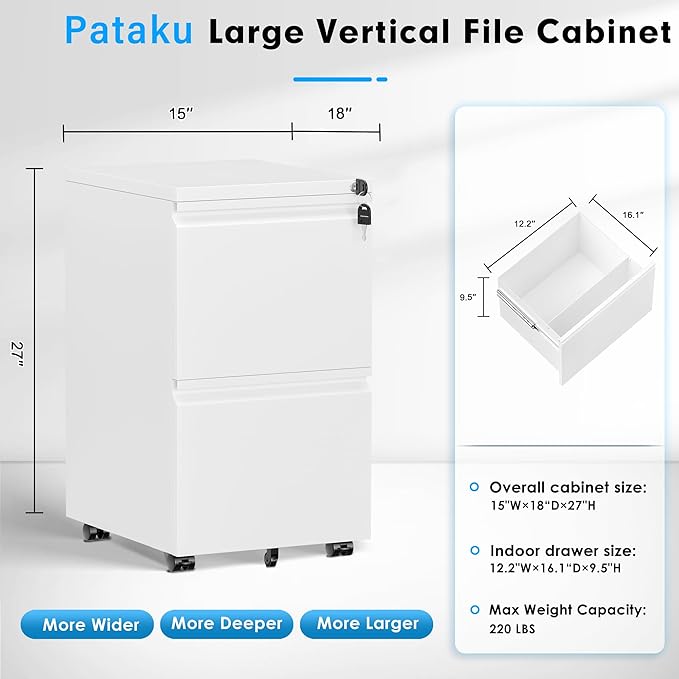 Pataku 2 Drawer File Cabinet Small File Cabinets with Lock Metal Rolling Filing Cabinet with 2 Drawer Filing Cabinets for Home Office Fit A4/Letter/Legal Easy Assembled White