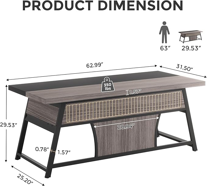 63-inch Executive Desk with Storage Shelf Large Home Office Desk with Metal Frame &amp LED Light Long Computer Desks for Home Office Gray and Black