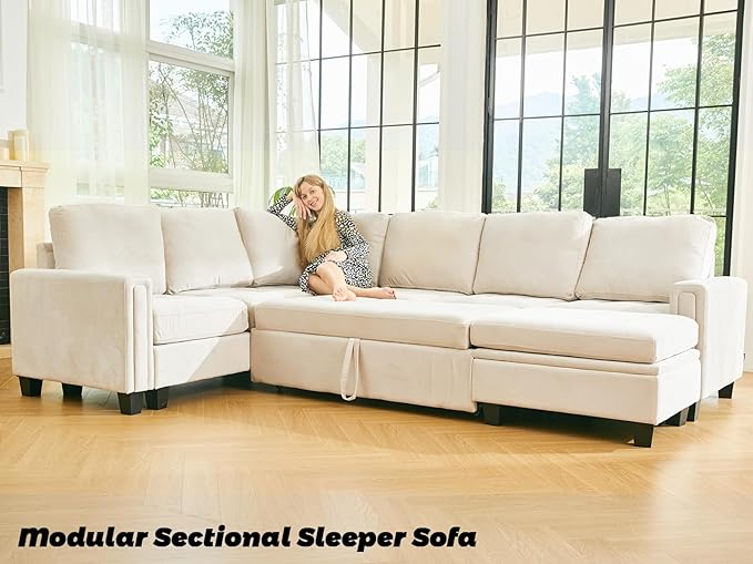 Belffin Pull Out Sofa Bed Module Part for Modular Sectional Sleeper Sofa Armless Loveseat with Pull Out Bed for Sectional Couch Beige