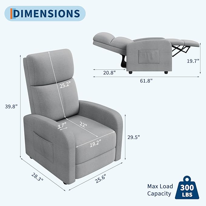 Premium Linen Manual Recliner Chair - High Backrest &amp Thick Cushion for Superior Comfort Adjustable Push Back Recliner with Side Pocket Gray Lounge Chair for Living Room &amp Bedroom