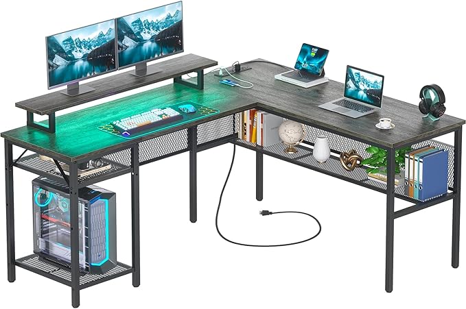 Cyclysio Reversible L Shaped Computer Desk with LED Lights &amp Power Outlets Office Corner Desk with Shelves &amp Monitor Stand Home Office Desk Gaming Table with Unique Grid Design (Grey Oak)