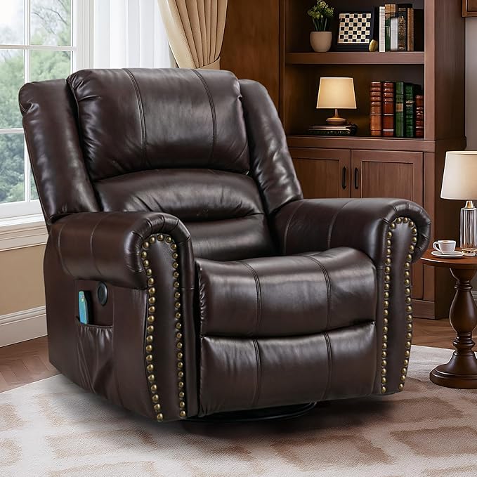 VIVIJASON Massage Swivel Rocker Recliner Chair with Heat &amp Vibration 360° Swivel Manual Glider Rocking Reclining Chair with Remote Control Side Pockets &amp USB Ports for Living Room Brown