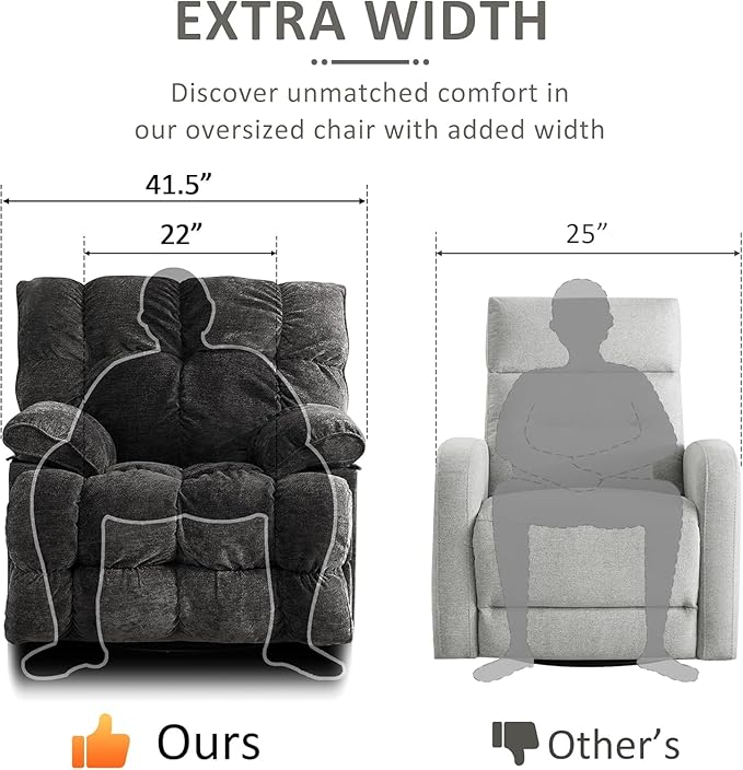 Oversized Rocker Recliner Chair for AdultsOverstuffed 360° Swivel Rocking Recliner Extra Wide Breathable Fabric Manual Reclining Single Sofa for Living Room (Gray)