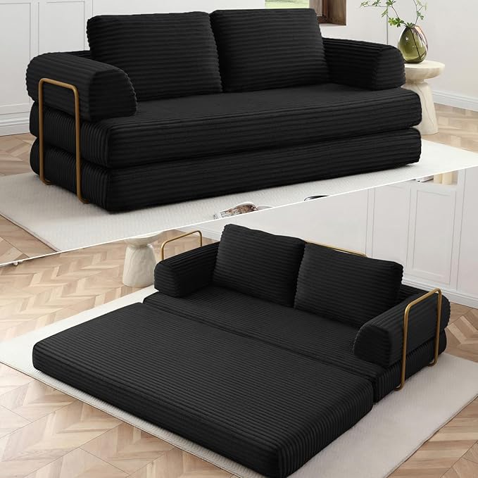 HANXIN 80 Inch Convertible Sleeper Sofa Bed High Back Plush Corduroy Folding Floor Mattress Couch with Fixed-Shape Frame Boneless Futon Loveseat with Pull Out Bed No Assembly Required (Black)