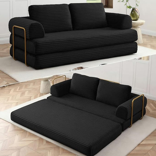 HANXIN 80 Inch Convertible Sleeper Sofa Bed High Back Plush Corduroy Folding Floor Mattress Couch with Fixed-Shape Frame Boneless Futon Loveseat with Pull Out Bed No Assembly Required (Black)