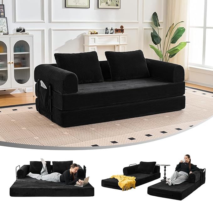 79 Convertible Sofa Bed 5-in-1Boneless Couch for Living Room with 2 Pillows Corduroy Folding Sleeper Sofa Bed Boneless Cloud Loveseat Futon Sofa Bed for Living Room Bedroom Lounge Black