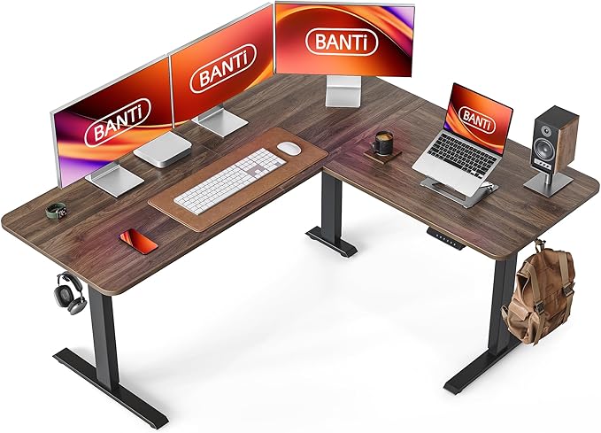 BANTI L-Shaped Standing Desk - 63 x 55 Inch Adjustable Corner Standing Desk with Charging Station - L Shape Sit Stand Table with Memory Controller Splice Board for Home Office Black Walnut