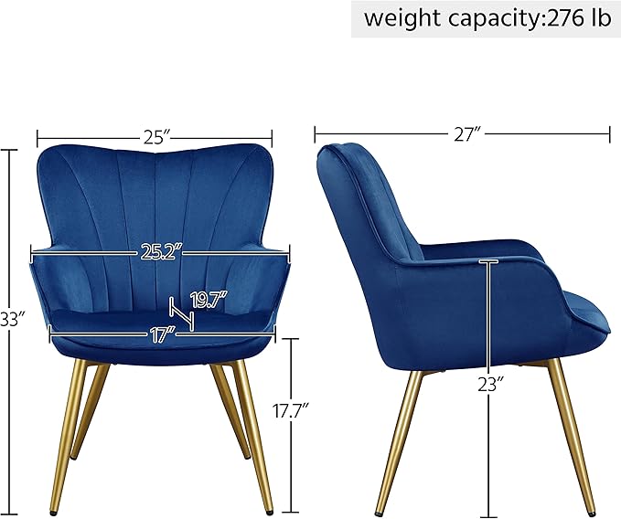 Yaheetech Velvet Accent Chair Modern Armchair with Wing Side and Metal Legs Cozy and Soft Padded and High Back for Living Room/Home Office/Bedroom Set of 2 Blue