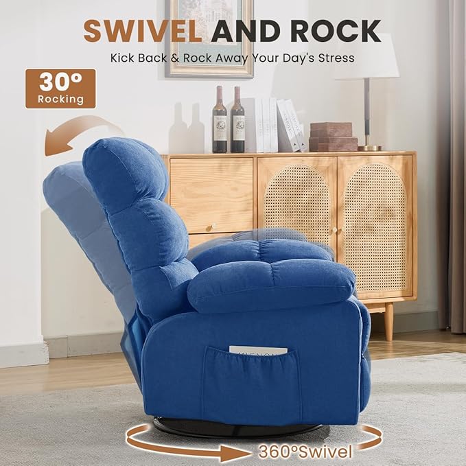 Swivel Rocker Recliner Chair for Adults 360° Upholstered Manual Recliners for Small Spaces Single Seat Glider Reclining Chair with Side Pockets Ergonomic Reading Chair for Living Room RV Bedroom
