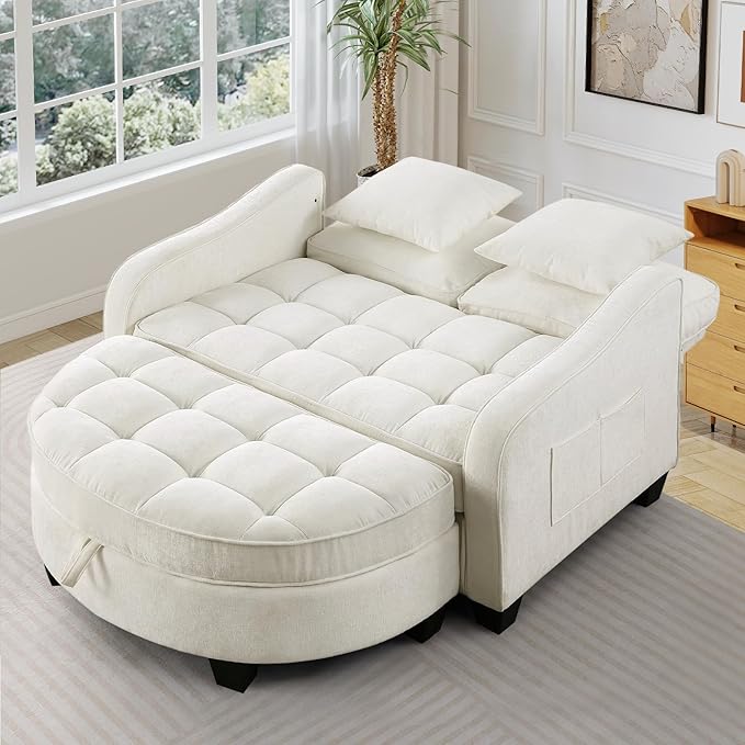 Oversized Chair and A Half Chenille Tufting Accent Cozy Reading Sofa Chair with Storage Ottoman Upholstered Loveseat Chaise Lounge Sofa with Adjustable Back for Living Room Office Sunroom Beige