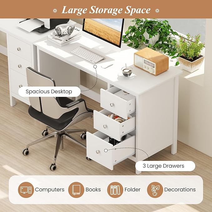 Giantex White Desk with Drawers 48 Inch Home Office Desk with Anti-Toppling Device Multifunctional Computer Workstation Wood Study Writing Desk for Small Spaces Bedroom