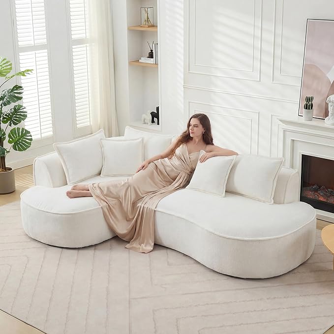 Modern Luxurious Oversized Boneless Couches Sectional Curved Sofa with 6 Pillows L-Shape Boneless Couch with Deep Seat High-Density Memory Foam No Assembly Required Chenille (White)