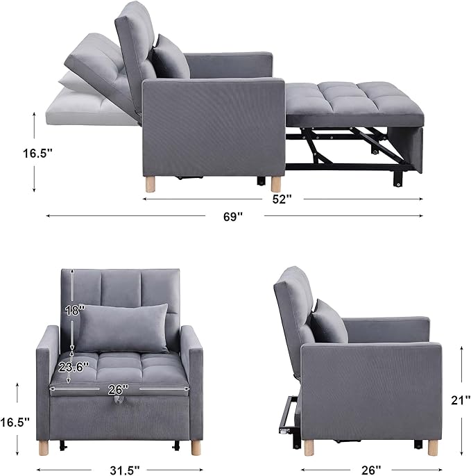70'' Convertible Chair Bed Extra Long Teddy Fabric Single Pull Out Sofa 4 in 1 Adult Sleeping Recliner With Pillow Adjustable Backrest Gray
