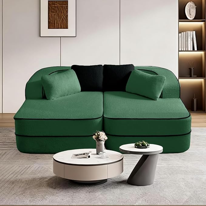 Double Chaise Lounge Chair Indoor Teddy Fabric Boneless Sofa Deep Recliner with 32D High-Resilience Foam Wide Arms for Home Theater ApartmentGreen