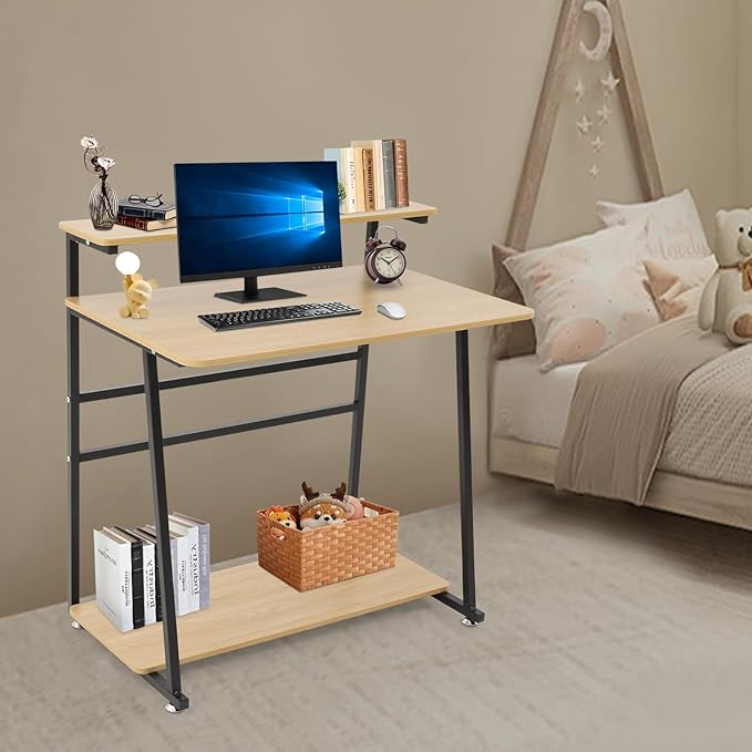 Small Office Mobile Computer Desk 3-Tier Laptop Table with Storage Shelves Tiny Computer Desk with Wheels for Home Office Bedroom Living Room Studio (Log Color+Black)