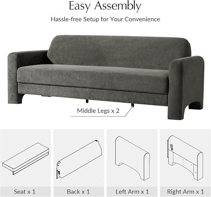 HULALA HOME 84 Modern Curved Sofa Comfy Chenille Couch with Wrapped Armrests 3 Seater Sofa for Living Room Easy to Assemble Grey