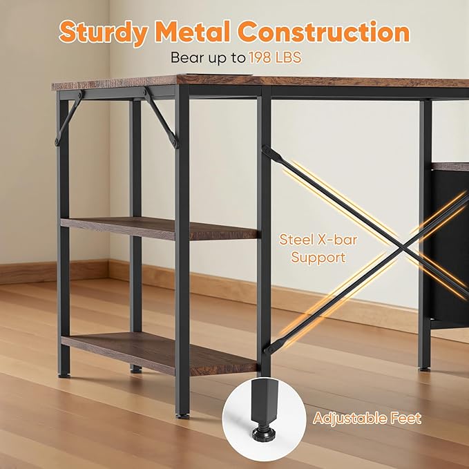 DUMOS L Shaped Desk with Shelf Drawers 55 Inch Brown Corner Computer Desks Gaming with Power Outlet Study Table with Adjustable Shelves Home Office Tables for Bedroom Teacher Reading Writing
