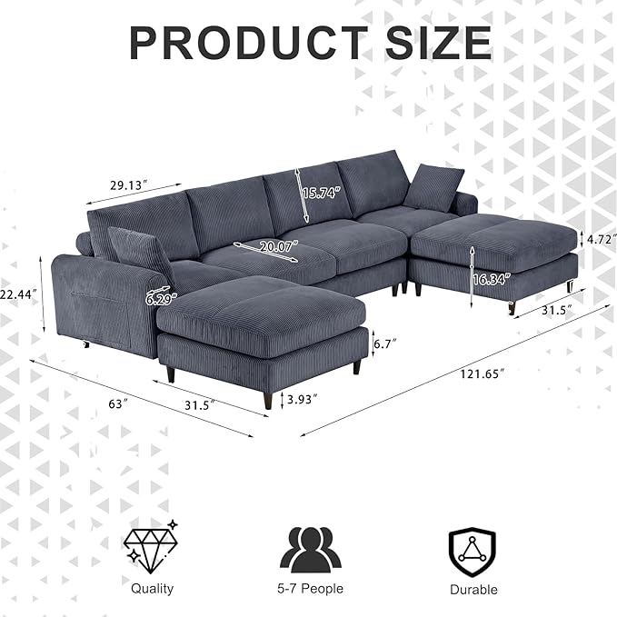 Yoglad 121.65'' U Shaped Modular Sectional Sofa Cozy Oversized Corduroy Couch with Dual-Sided Storage 6-Seater Sofa with Ottomans for Living Room Bedroom Apartment Office (Grey)