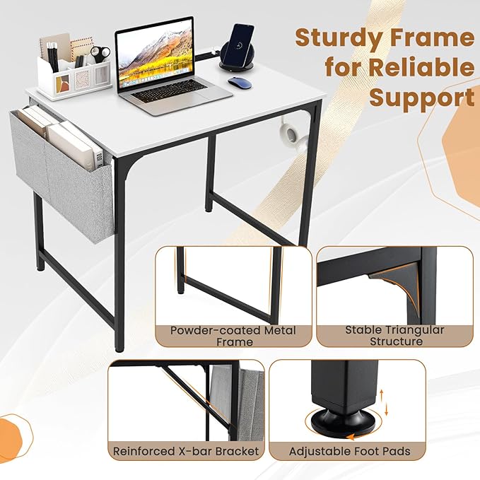 Giantex 32 Inch Computer Desk with Charging Station Home Office Writing Desk with Storage Bag &amp Headphone Hook Compact Gaming Table PC Workstation Modern Simple Laptop Desk for Bedroom Study