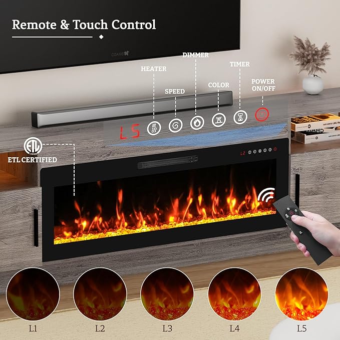 80'' TV Stand with 42''Fireplace-Grey Entertainment Center for 90 inch TV- TV Cabinet with LED Light Storage High Glossy Door Rustic TV Console for Living Room
