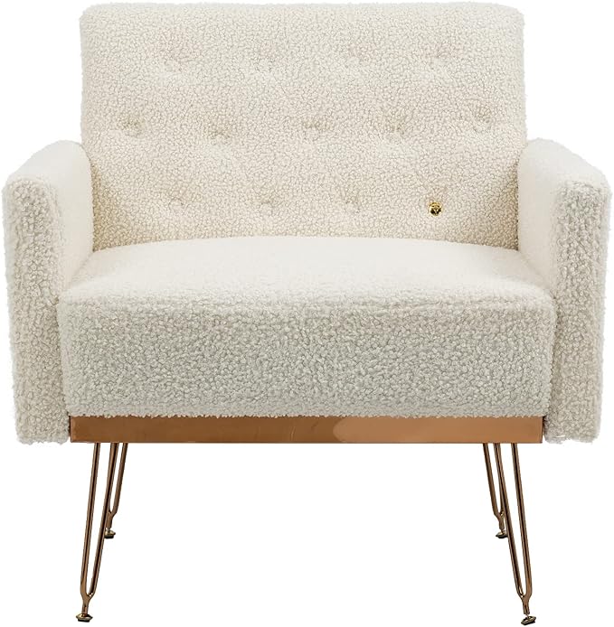 Accent Chair for Living Room Comfy Oversized Velvet Upholstered Arm Chairs Mid Century Modern Reading Single Sofa Side Chair with Tufted Back and Gold Legs for Bedroom (1 Teddy White)