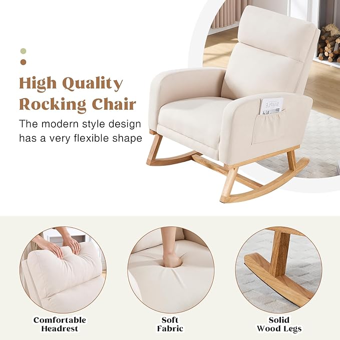 Rocking Chair Nursery Nursing Rocking Chairs with Foot Rest for Mom Nursery Glider Rocker Chair with Footrest and High Backrest for Living Room Bedroom Beige