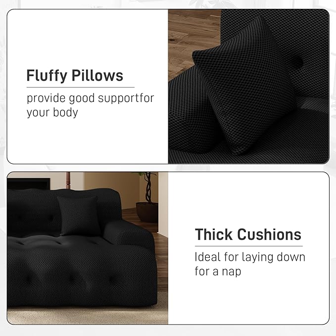 OUYESSIR 114 Boneless CouchCloud Couch3D Mesh Fabric Comfy Sofa3 Seater Modern Curved Sofa for Living RoomBedroom and ApartmentNo Assembly RequiredBlack