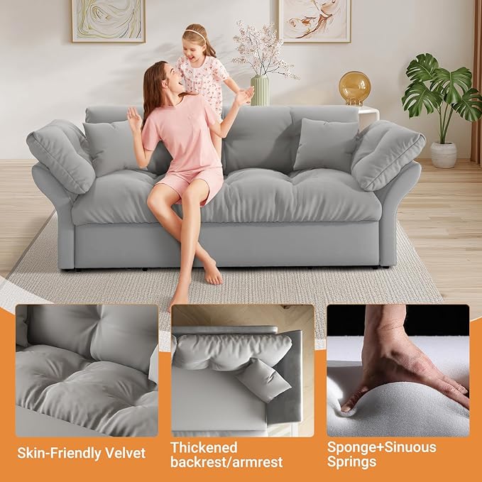 74.8 Queen Pull Out Sofa Bed 3-in-1 Convertible Sleeper Sofa Velvet Small Loveseat for Small Spaces Comfy Cloud Pullout Couches Multi-Functional Couches for Living Room Apartment and Office