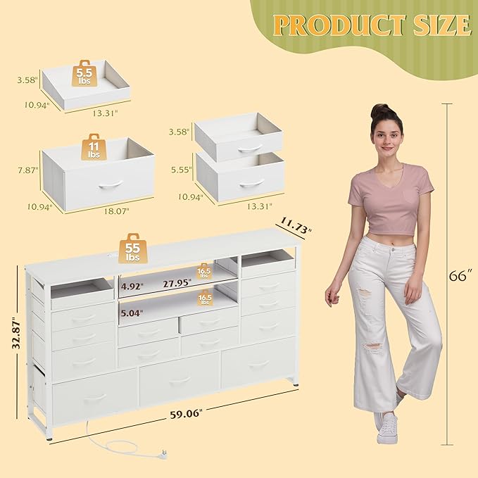 WLIVE White TV Stand for 55 60 65 inch TV Entertainment Center with LED Lights &amp Charging Station TV Media Console Table with 15 Fabric Drawers and Open Shelves for Living Room Hallway Wood