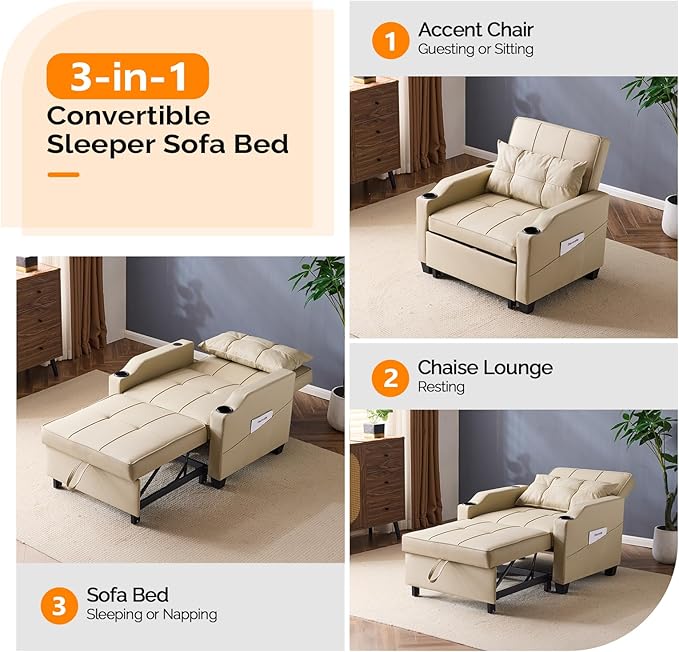 VINGLI Sofa Bed Chair Recliner 3-in-1 Convertible Sleeper Sofa Chair Bed Beige Daybed Pull Out Couch Bed with Adjustable Backrest USB Ports Cup Holders for Small Spaces Living Room