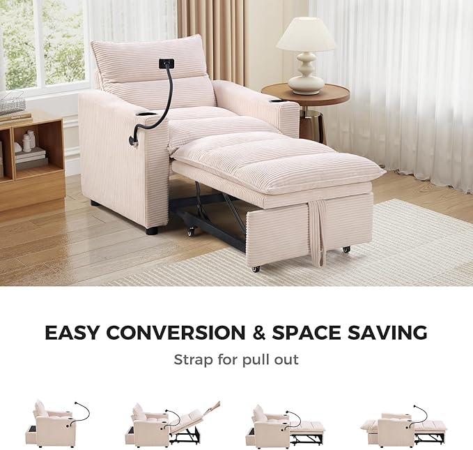 EBELLO Convertible Small Sleeper Sofa Chair 3-in-1 Corduroy Futon Sofa Bed 1 Seater Couch Daybed with Charging Ports Phone Cup Holders Adjustable Backrest for Small Living Room Beige