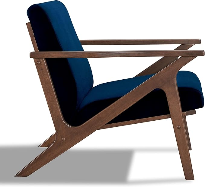 Zola Mid Century Modern Accent Chair Arm Chair: The Perfect Reading Living Room and Bedroom Chairs for Modern Home Furniture Use! Solid Wood Frame Blue Velvet/Walnut