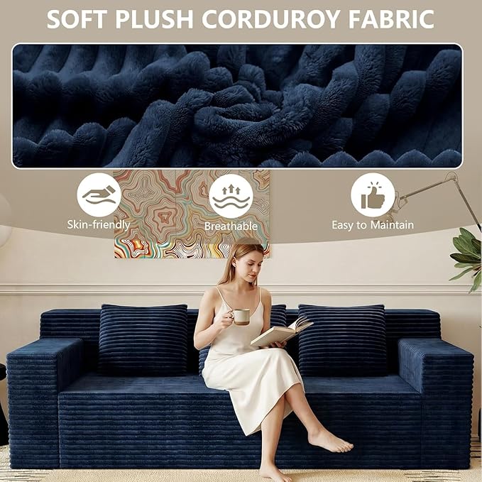 71 Cloud Boneless Loveseat Sofa Couch Bean Bag 3-Seater Couch with Memory Foam Corduroy Comfy Floor Sofa Deep Seat for Living Room Bedroom Apartment No Assembly (Blue)