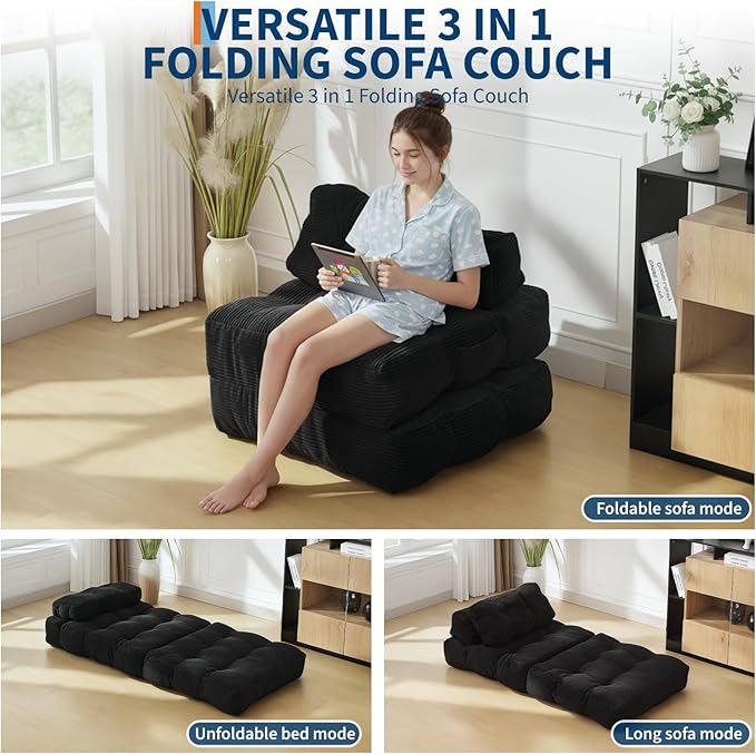 Garvee Folding Sofa Bed Convertible Sleeper Chair with Pillow Foldable Mattress with Back Support Boneless Fold Out Chair Bed Comfy Floor Sofa Lounge for Living Room Bedroom Black Single