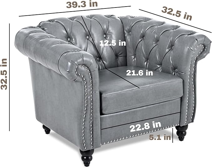 Gray Chesterfield Accent Chair Faux Leather Upholstered Tufted Wingback Club Chair Mid-Century Modern Living Room Chair with Sturdy Wood Frame Comfy Oversized Armchair for Bedroom Office