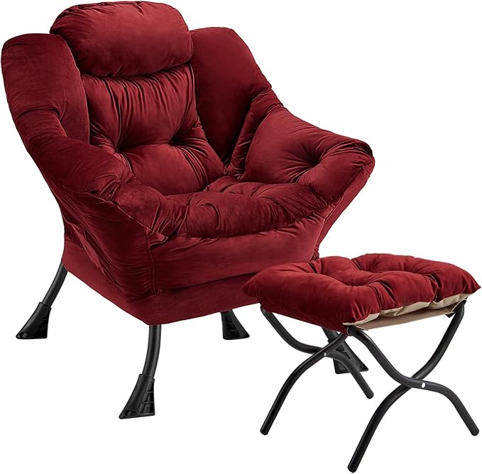 Lazy Chair with Folding Ottoman Modern Large Accent ChairContemporary Lounge Leisure Sofa Chair with Armrests Upholstered Sofa Armchair Reading Chair for BedroomDorm&ampOffice (Dusty Rose-f)