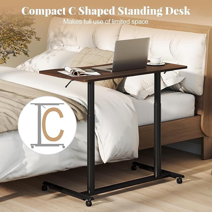 Giantex Mobile Standing Desk Height Adjustable Computer Desk with Wheels &amp Aluminum Frame C Shaped Sofa Side Table Portable Laptop PC Workstation Compact Rolling Desk for Small Space (Brown)