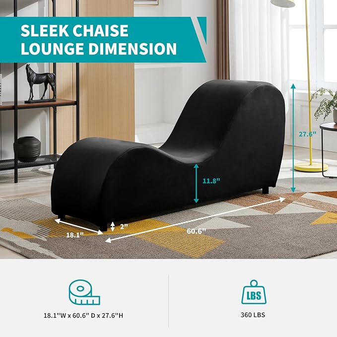 BALUS 60W S-Shape Yoga Sofa Chaise Lounge Chair for Adults Stretching Wooden Ergonomic Curved Lounges Chairs Indoor with Velvet Cover for Living Room Apartment Home Office Exercising Relaxing Black