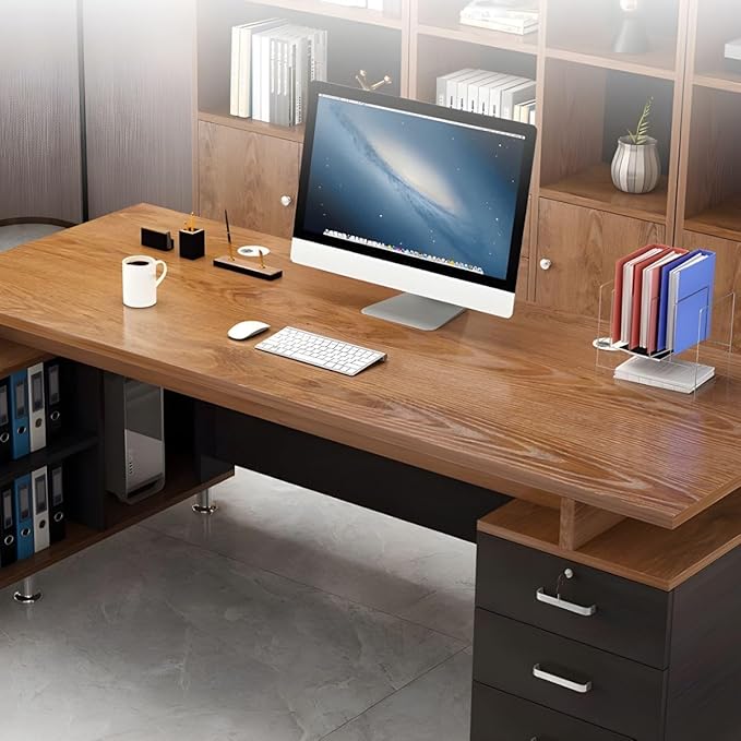 RUNNUP L-Shaped Executive Desk Contemporary Home Office Desk with Drawers and Cable Management Brown Writing Desk 63 L x 47 W x 31 H Left Hand Return