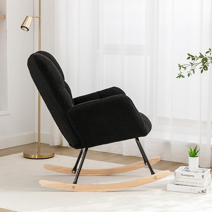 Setawix Teddy Fabric Rocking Accent ChairMid Century Modern Rocking Glider ArmchairLeisure Tufted Rocker Arm Chair for NurseryBedroomLiving Room (Teddy Black 27.6)