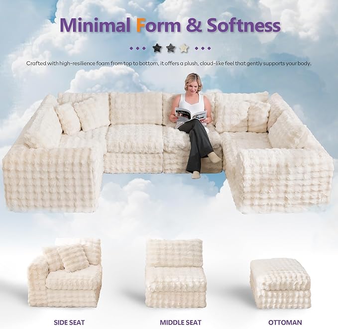 TYBOATLE 135’’ Boneless Slow-Rebound Memory Foam Couch Cloud Sectional Couches for Living Room w/Upgraded Fabric Deep Seat Comfy Fluffy U Shaped Modular Sectional Sofa w/Chaise Beige