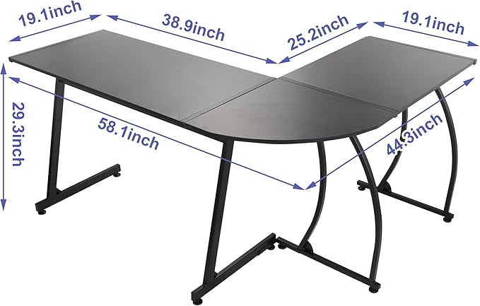 Modern L-Shaped Home Office Desk with Round Corner Computer Desk Gaming Writing PC Laptop Workstation with Solid Steel Frame Desktop (Black)