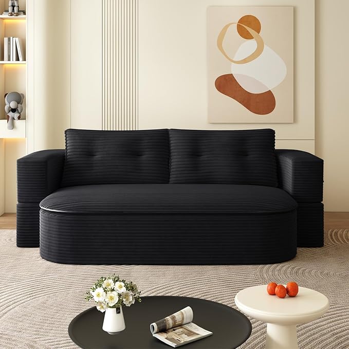 78.7 Convertible Sleeper Sofa Bed with 2 Soft Pillows 2-in-1 Fold Out Couch Upholstered in Luxurious Plush Corduroy Fabric Deep Seat Couch for Living Room Bedroom Guest Room Black